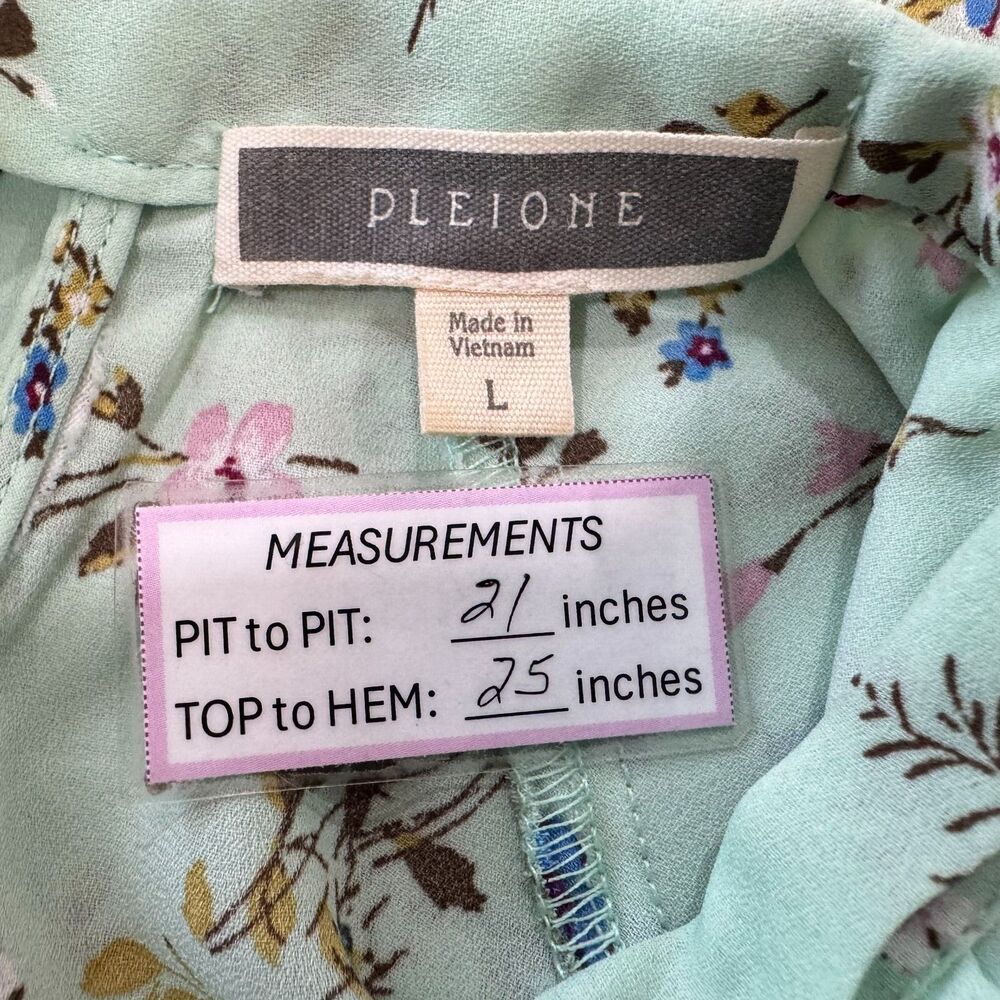 Pleione Top Sz L Sheer Green Floral Tie Around Neck Flutter Short Sleeve - Picture 6 of 7